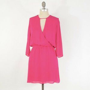Parker Dress XS Hot Neon Pink Draped Silk Keyhole Neck Blouson Mini Wrap
